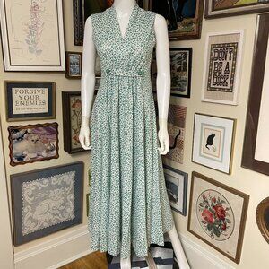 70s Vintage Green White Sleeveless Maxi Dress With Button Waist Accent Size M